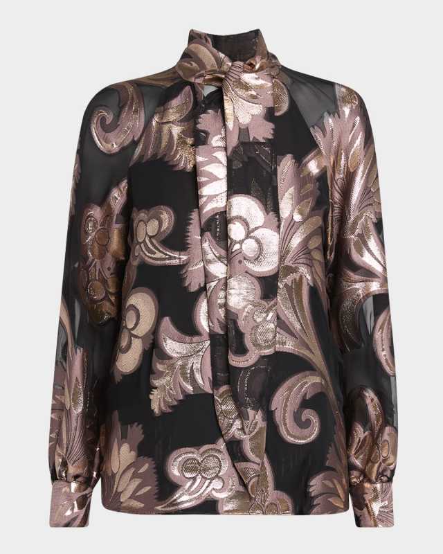 Metallic Jacquard Neck-Tie Blouse